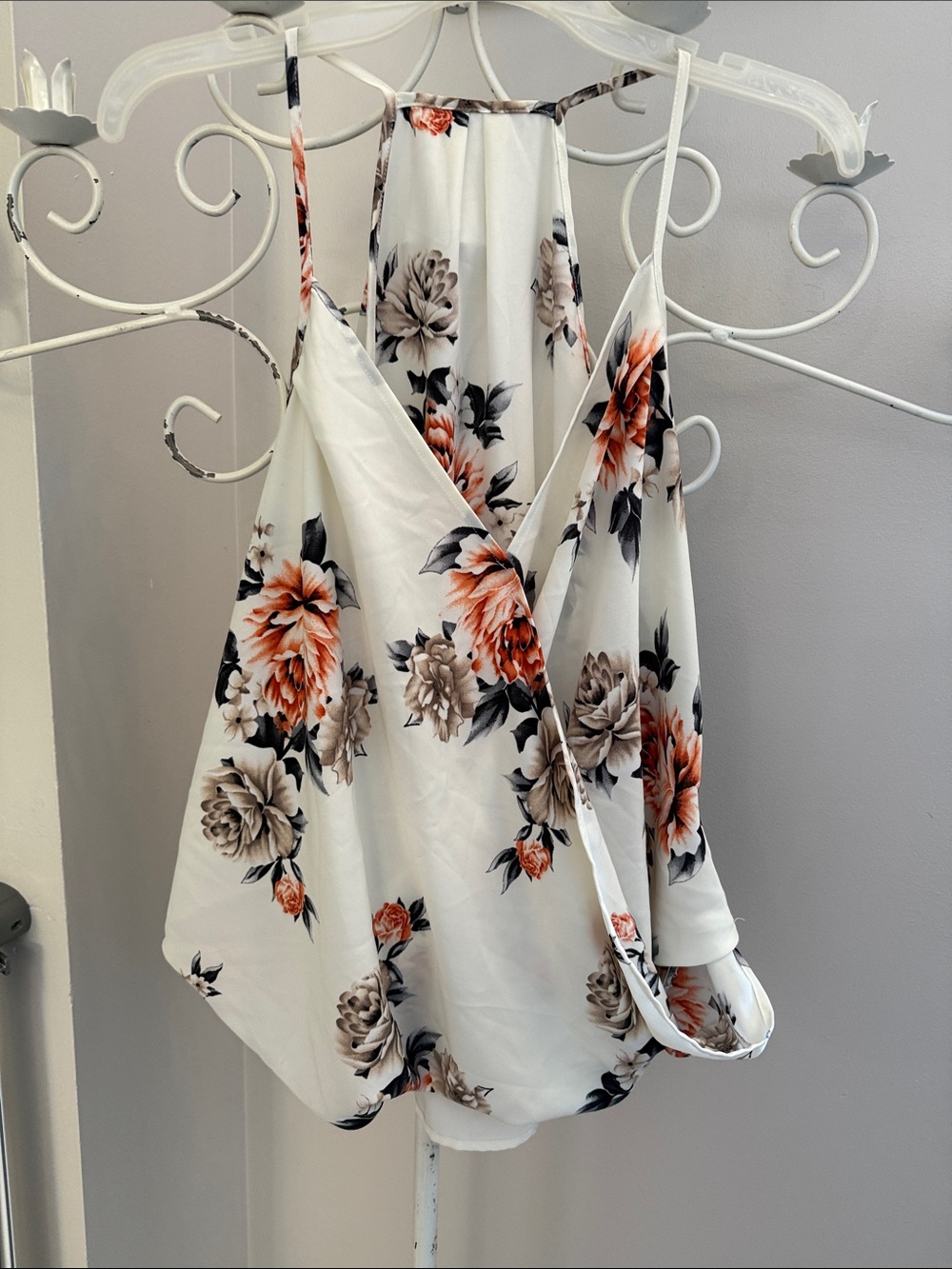 Floral Surplice Camisole - White with Orange & Gray Floral Print